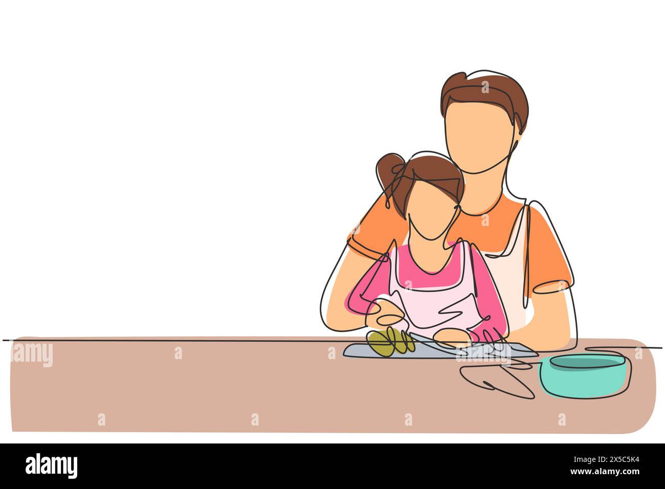 Une seule ligne continue dessinant père enseignant à sa petite fille à couper les légumes et les fruits. Nourriture saine à la maison. Famille heureuse dans la cuisine. Dynamique Illustration de Vecteur