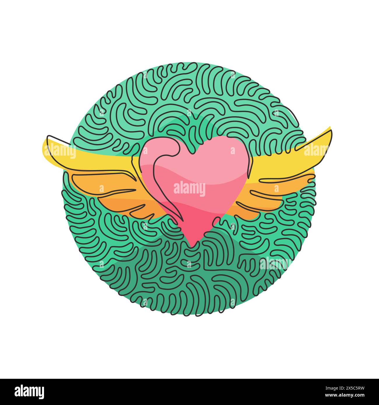 Cœur de dessin simple d'une ligne avec des ailes ouvertes de décoration romantique logo image vectorielle. Style d'arrière-plan de cercle de bouclage de tourbillon. lin continu moderne Illustration de Vecteur