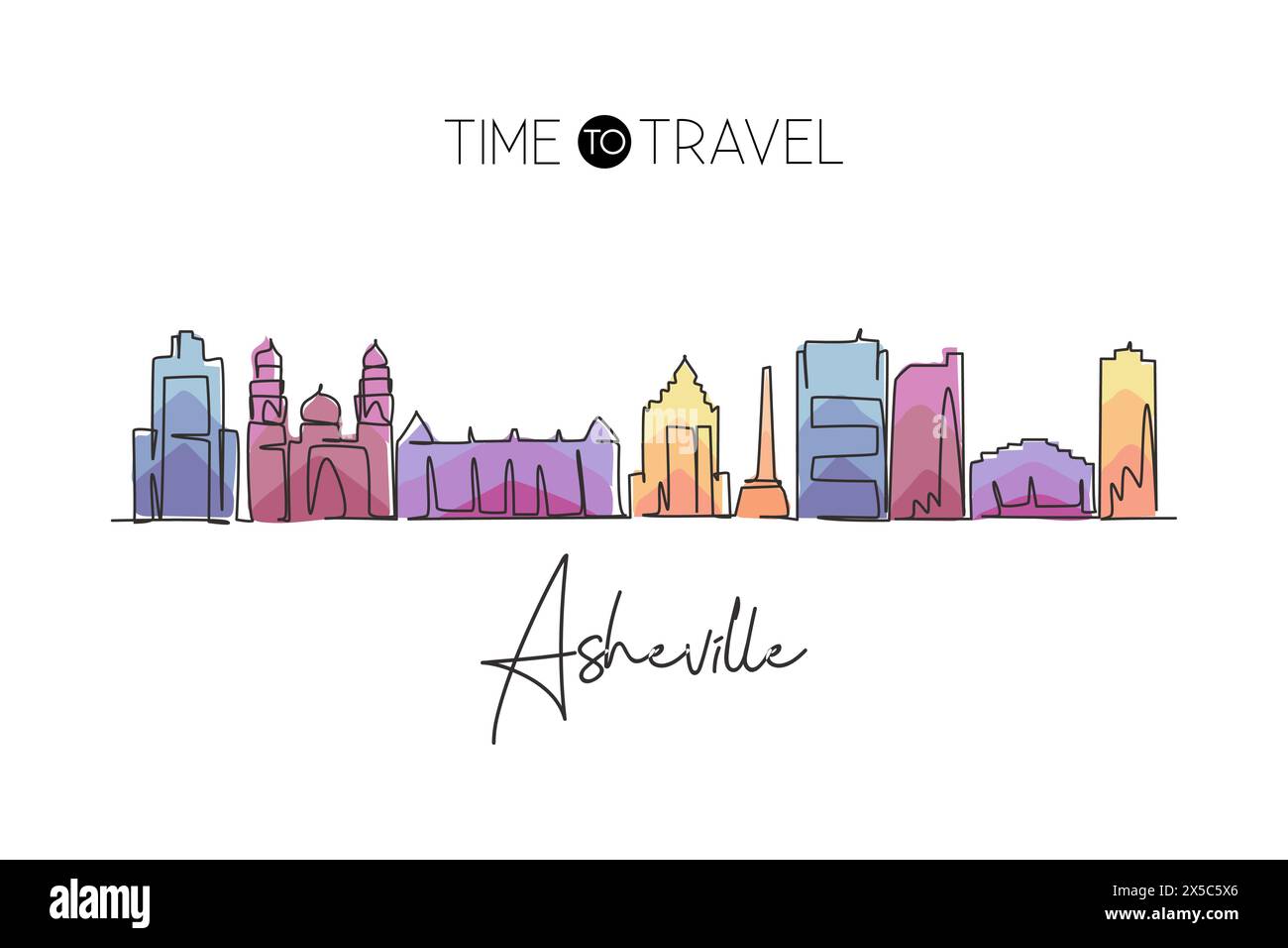 Une seule ligne dessinant l'horizon de la ville d'Asheville, Caroline du Nord. Paysage de ville historique du monde. Meilleure destination de vacances carte postale. Tendance continue Illustration de Vecteur