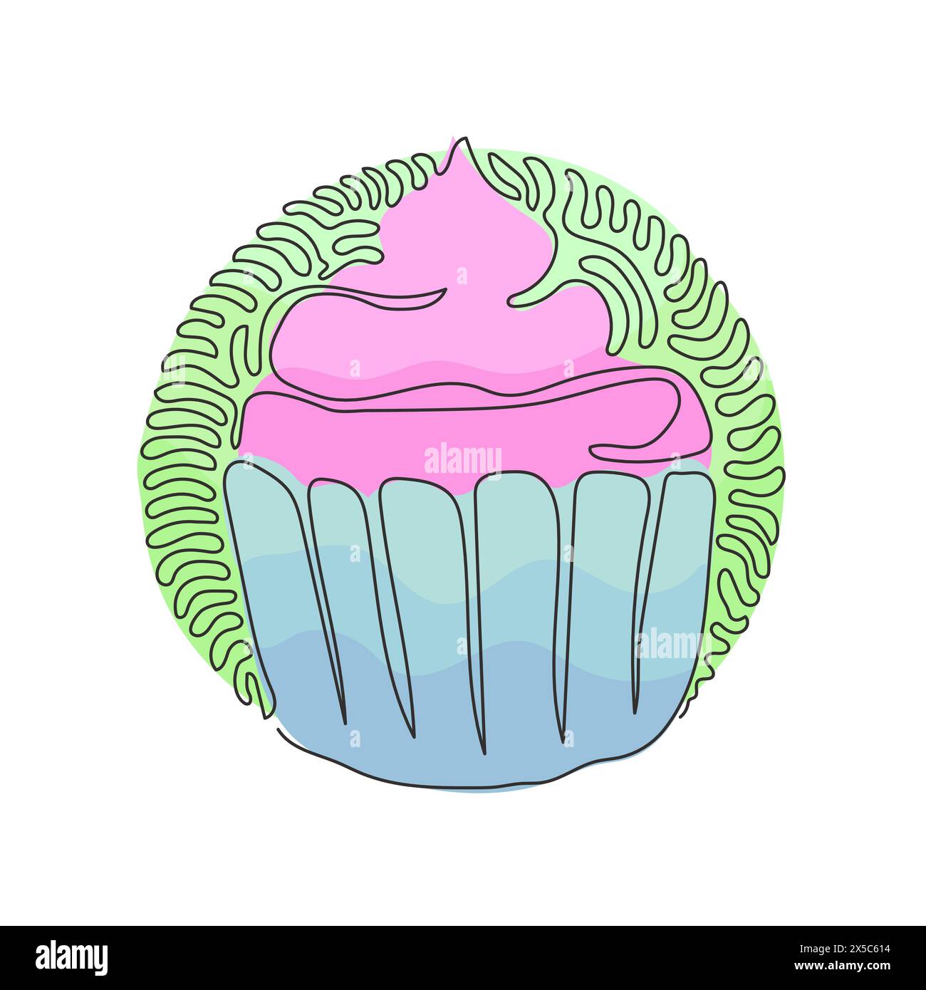 Une seule ligne dessinant un délicieux cupcake. Gâteau sucré et savoureux. Délicieux dessert pour le dîner au restaurant. Style d'arrière-plan de cercle de bouclage de tourbillon. Contin moderne Illustration de Vecteur