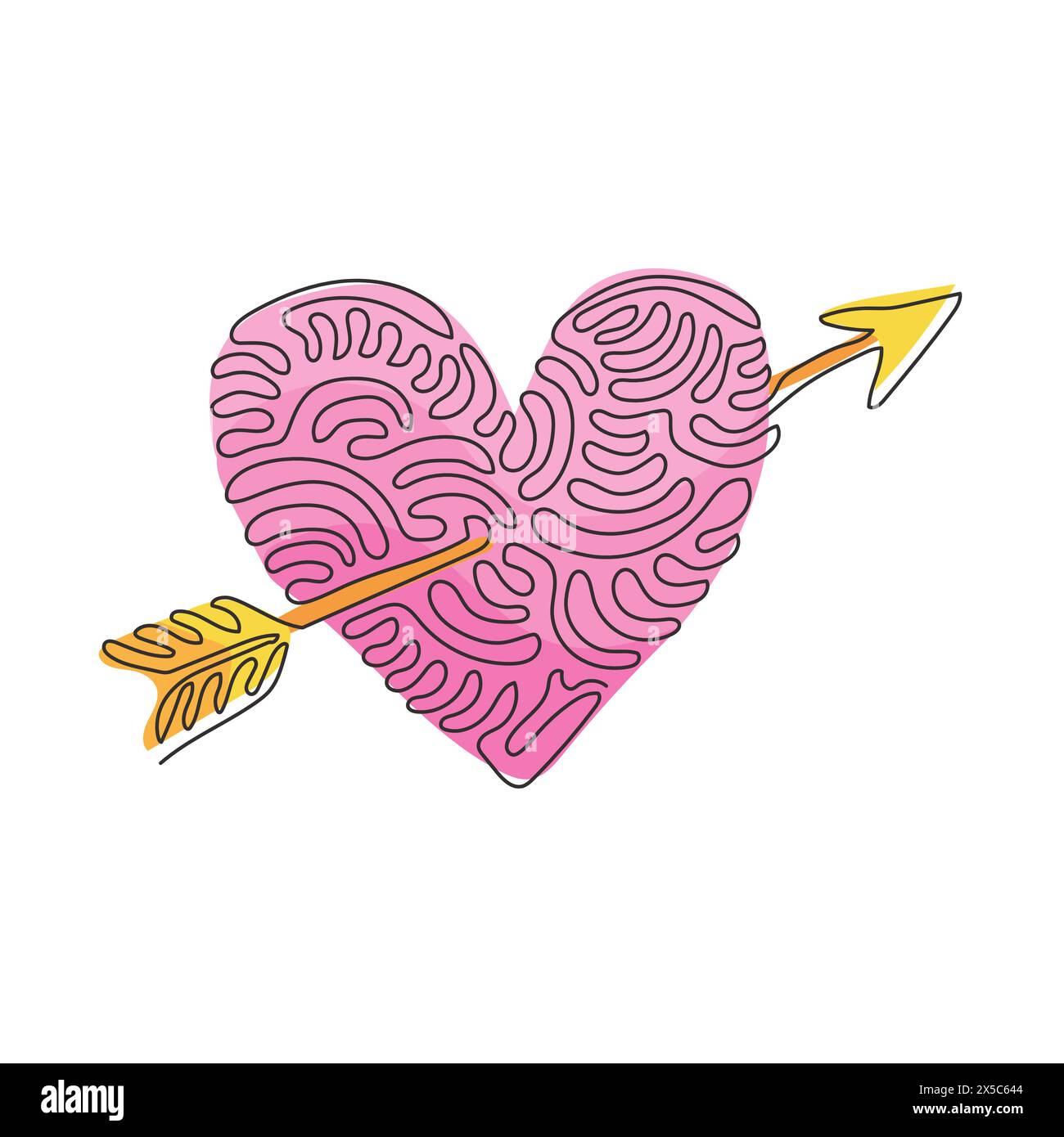 Coeur de dessin simple d'une ligne avec icône de flèche style doodle. Illustration vectorielle. Image de logo de décoration romantique. Boucles torsadées. Moderne continu l Illustration de Vecteur