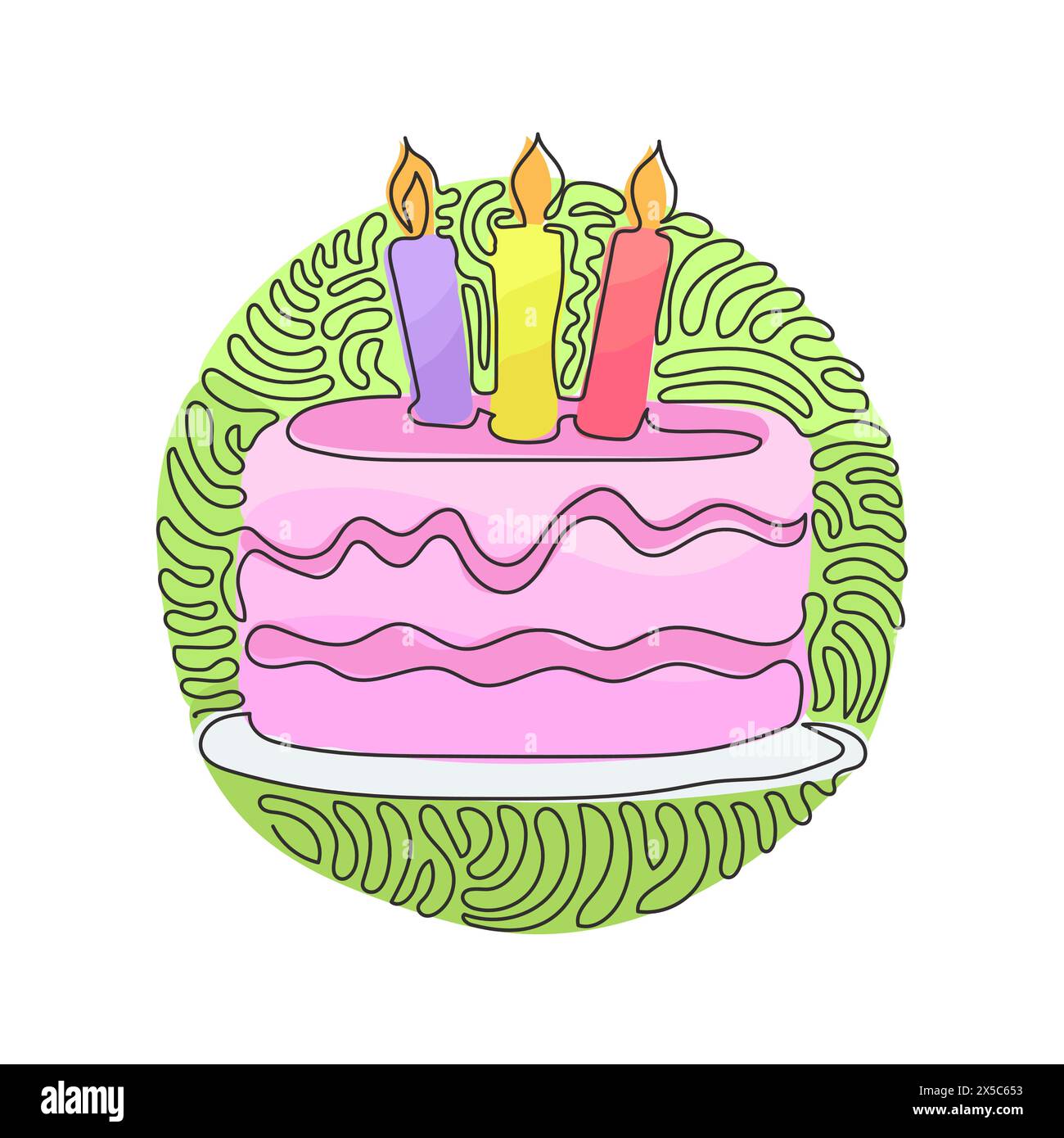 Gâteau d'anniversaire de dessin d'une ligne simple avec trois bougies brûlantes. Savoureux dessert plat principal de la fête d'anniversaire. Style d'arrière-plan de cercle de bouclage de tourbillon. Conti Illustration de Vecteur