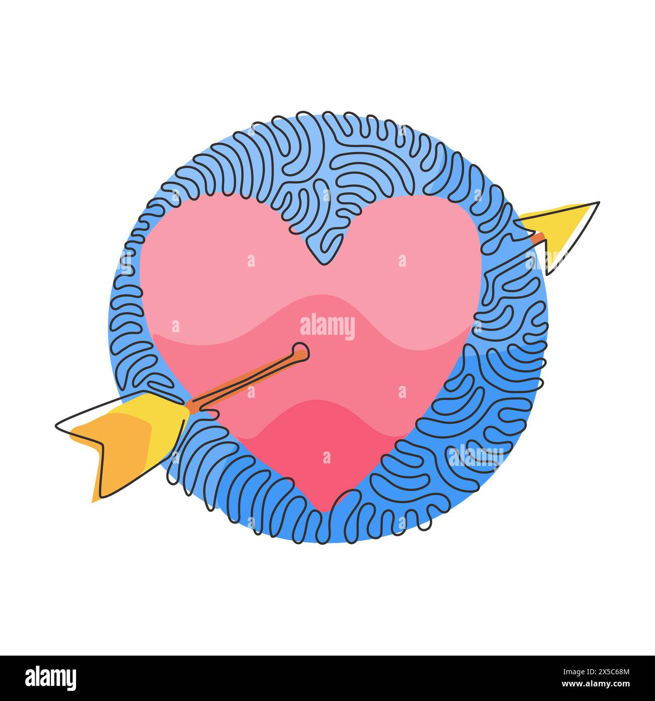 Cœur de dessin continu d'une ligne avec icône de flèche style doodle. Illustration vectorielle. Logo de décoration romantique. Style d'arrière-plan de cercle de bouclage de tourbillon. Péché Illustration de Vecteur