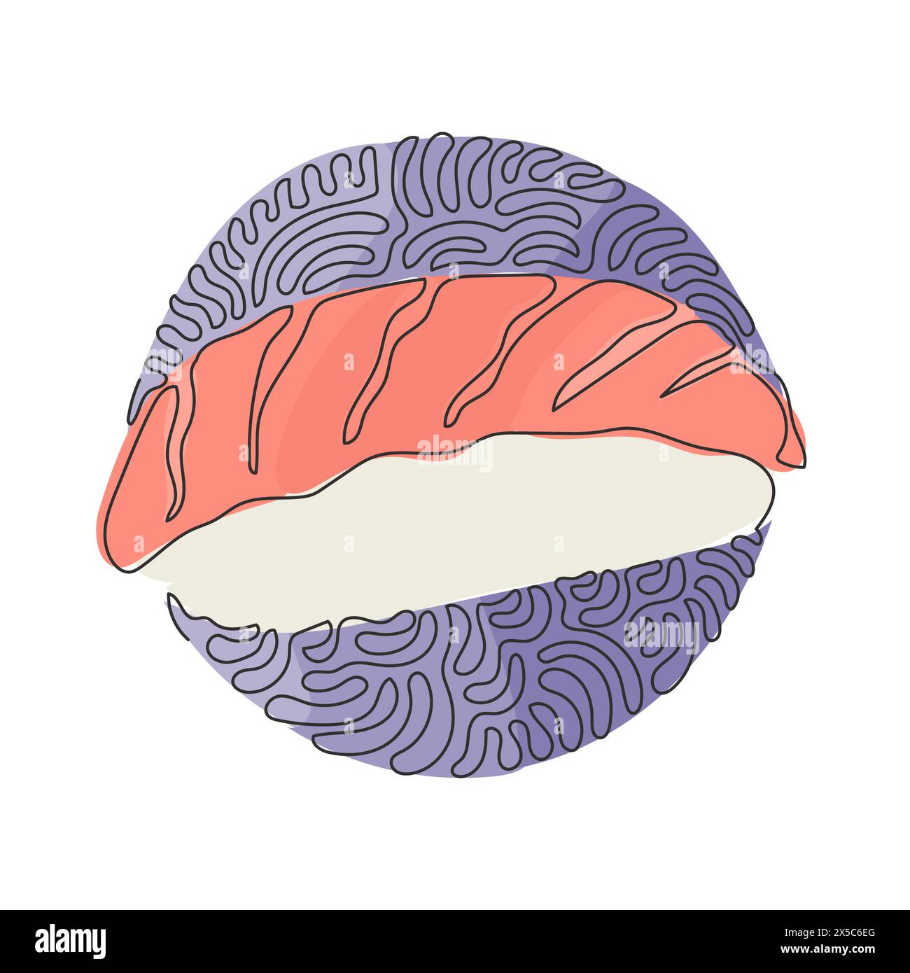 Ligne continue unique dessinant des sushis japonais traditionnels, du thon cru ou une boule de riz maguro. Menu dans un restaurant japonais. Cercle de bouclage de tourbillon arrière-plan sty Illustration de Vecteur