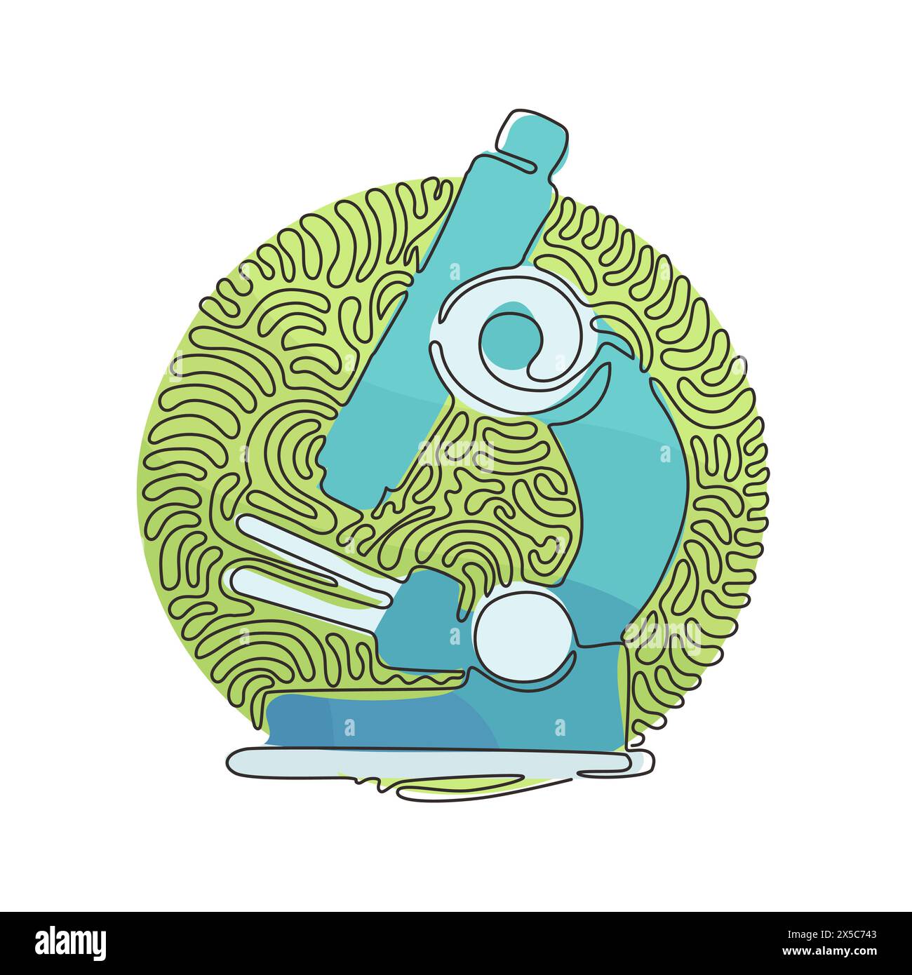 Icône de microscope de dessin continu à une ligne. Test de recherche médicale virale. Laboratoire professionnel hospitalier. Laboratoire chimique. Fond de cercle de courbure de tourbillon Illustration de Vecteur