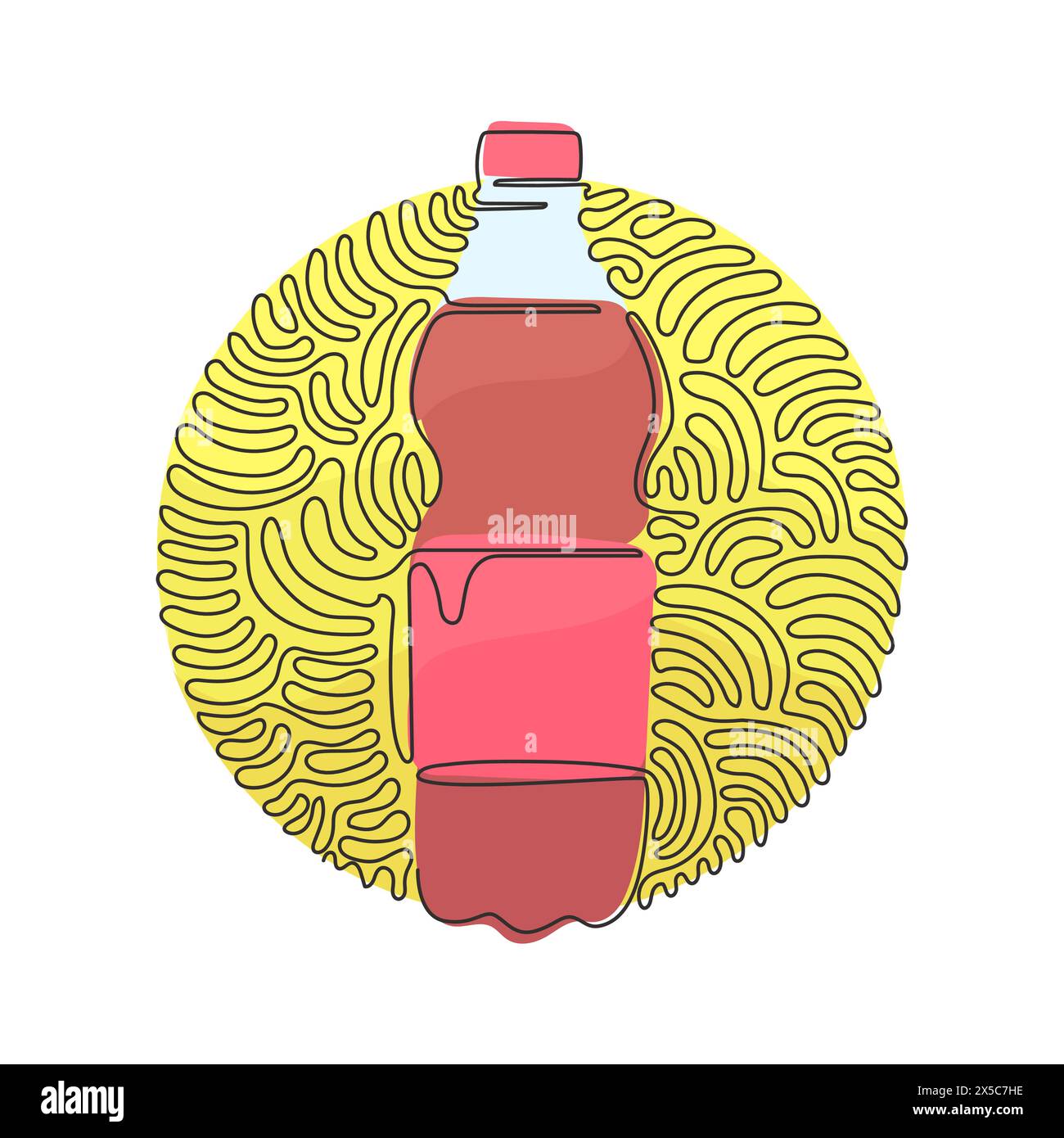 Ligne continue dessinant une boisson gazeuse dans une bouteille en plastique. Soda froid pour une sensation rafraîchissante. Boire pour étancher la soif. Style d'arrière-plan de cercle de bouclage de tourbillon Illustration de Vecteur