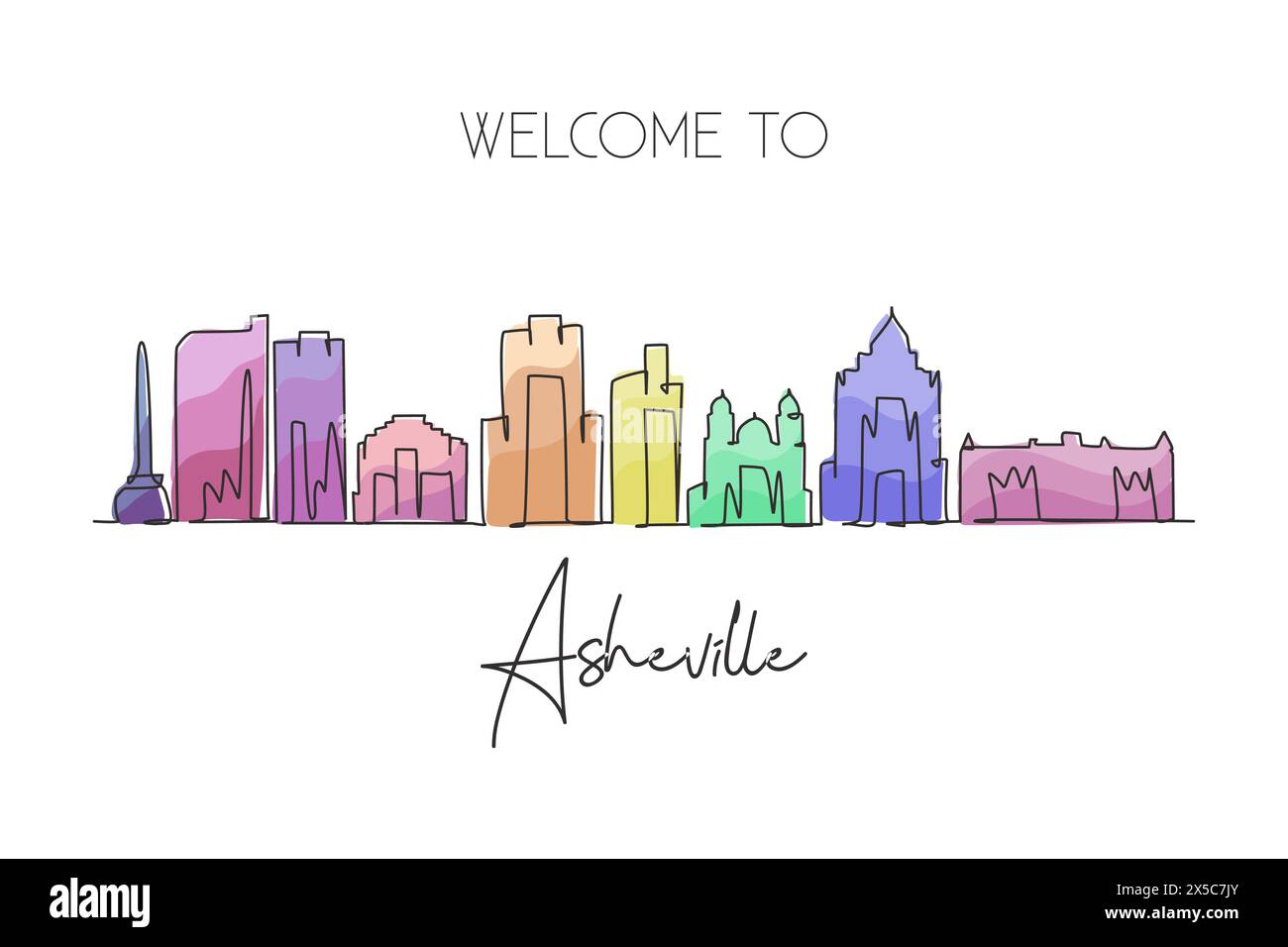 Ligne continue unique dessinant l'horizon de la ville d'Asheville, Caroline du Nord. Célèbre paysage de grattoir de ville. Monde voyage maison décoration murale art poster print co Illustration de Vecteur