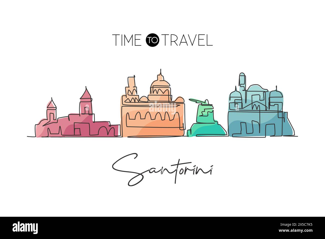 Simple une ligne dessinant l'horizon de la ville de Santorin, Grèce. Paysage de ville historique du monde. Meilleure destination de vacances carte postale. Contour modifiable tendance con Illustration de Vecteur