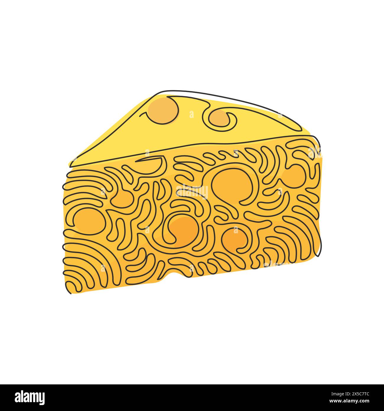 Dessin continu d'une ligne fromage cheddar simple dégradé logo avec trous forme de triangle réaliste. Savoureux apéritif pour le petit déjeuner. Boucles torsadées. S Illustration de Vecteur