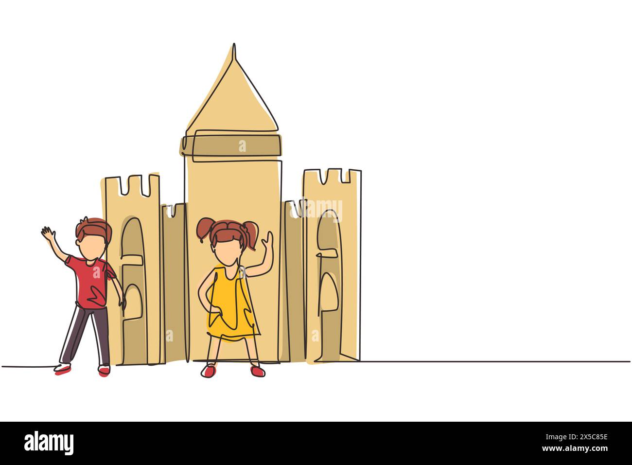 Simple une ligne dessinant les enfants avec château en carton pour le jeu scolaire. Enfants joyeux jouant dans le château fait de boîtes en carton. Jeux créatifs pour enfants Illustration de Vecteur