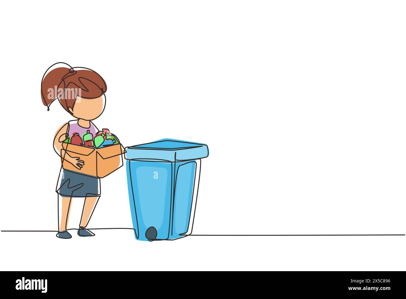 Fille de dessin de ligne continue simple ramassant les ordures et les déchets plastiques pour le recyclage. Enfant ramassant des bouteilles en plastique dans les ordures. Éco-éducation. Un Illustration de Vecteur