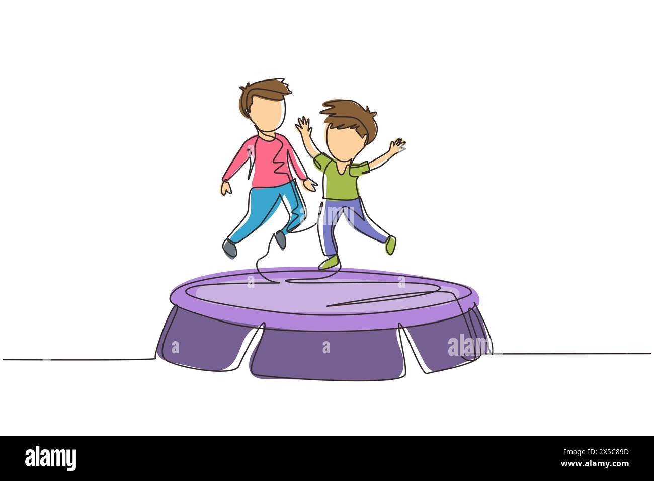 Simple une ligne dessinant deux garçons souriants sautant sur le trampoline ensemble. Des enfants heureux sautant sur le trampoline rond. Jeux d'extérieur pour enfants actifs. Conti Illustration de Vecteur