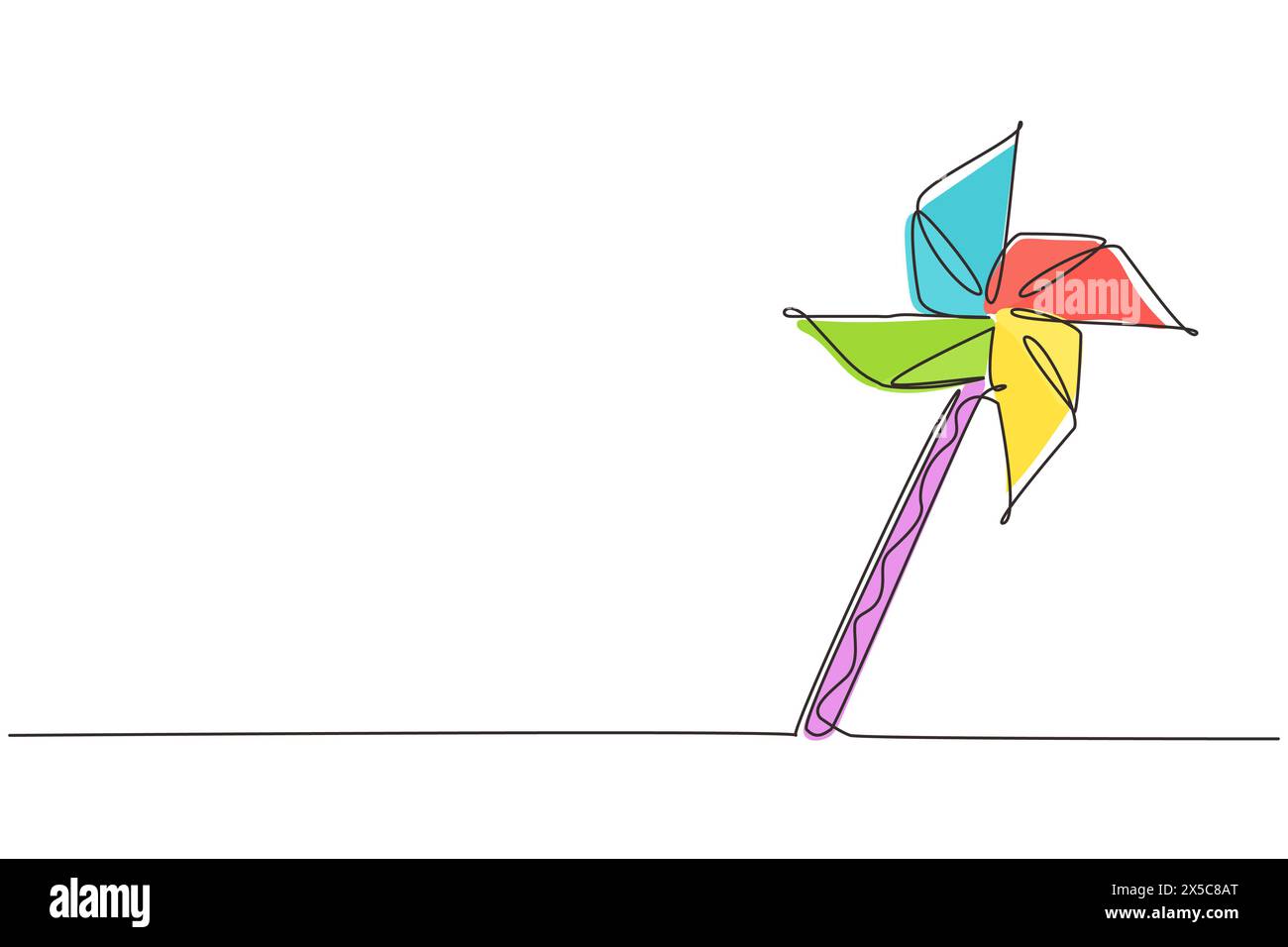 EOLIENNE a papier a dessin en ligne continue unique. Moulin à vent en papier origami. EQUIPEMENT de jeu représentant une roue à épingles jouet. Jouet pour enfants tournant dans le vent. Illustration de Vecteur
