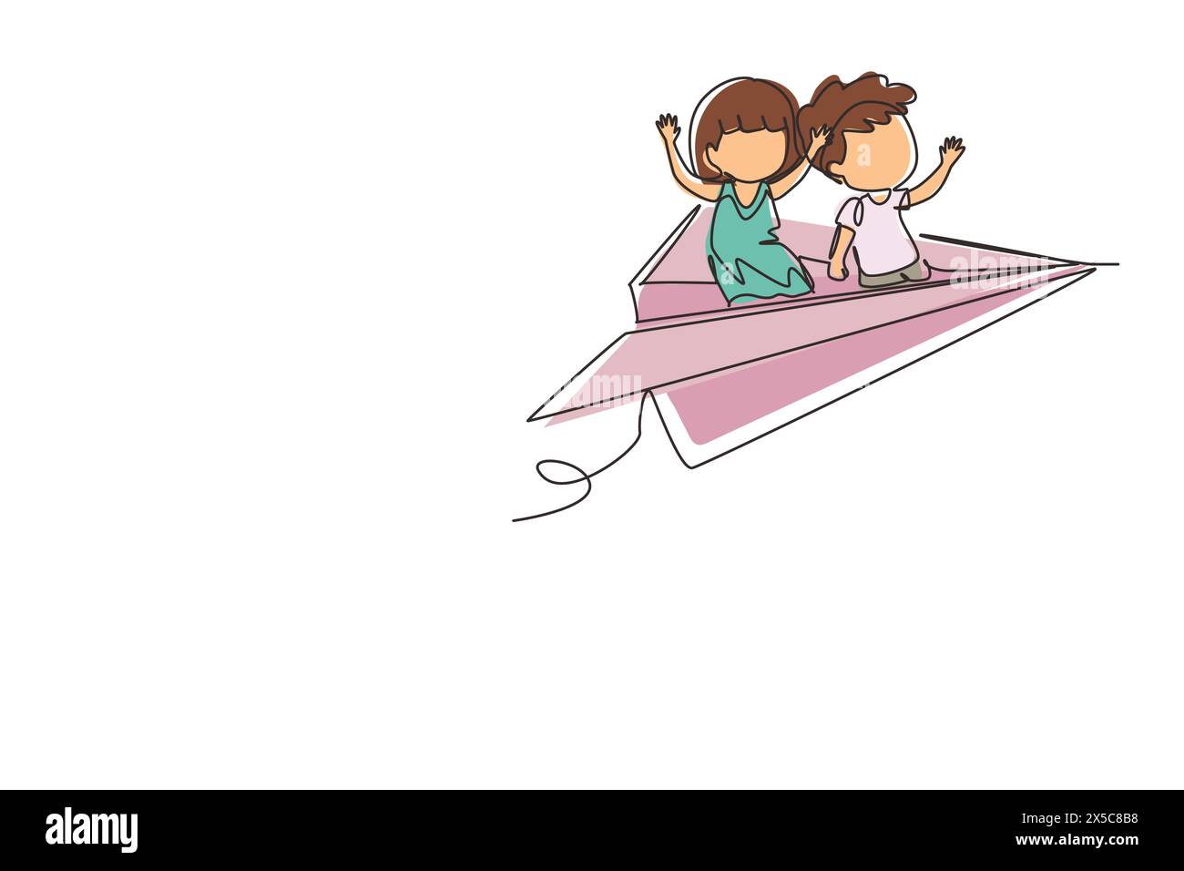 Ligne continue unique dessinant des garçons et des filles heureux volant sur un avion de papier. Les enfants volent ensemble sur un avion en papier. Enfants concept de retour à l'école. Activé Illustration de Vecteur