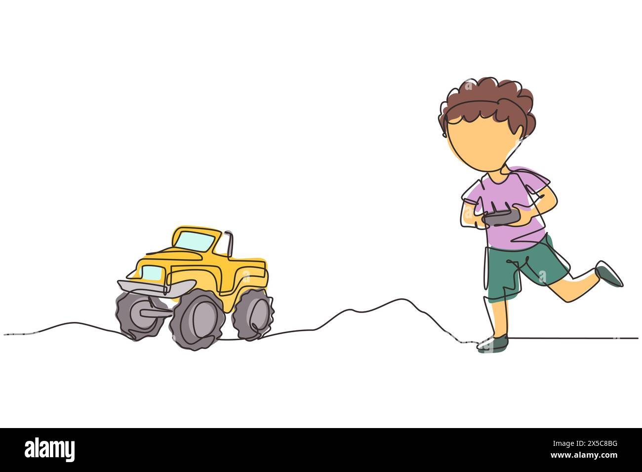 Garçon de dessin simple d'une ligne jouant avec un jouet monstre télécommandé camion. Enfants jouant avec camion jouet électronique avec télécommande dans les mains. CON Illustration de Vecteur