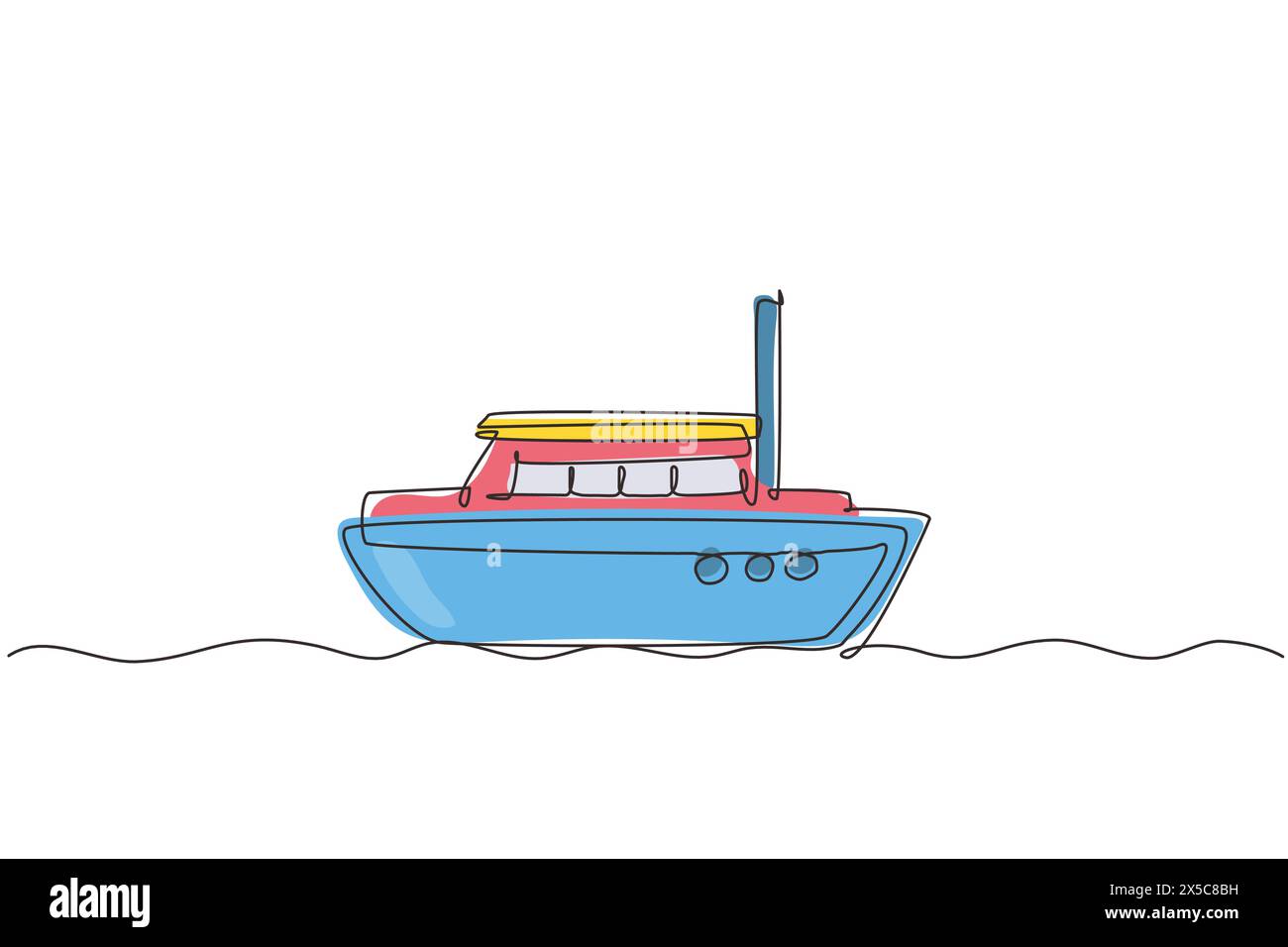 Jouet bateau mignon dessinant une ligne continue. Transport de dessins animés pour les cartes d'enfants, douche de bébé, invitation d'anniversaire, intérieur de maison. Jouets pour l'enfance. Péché Illustration de Vecteur
