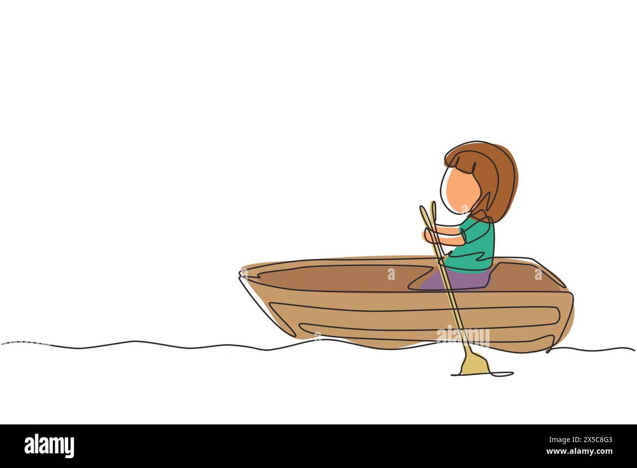 Continu une ligne dessinant mignonne petite fille chevauchant sur le bateau à la rivière. Enfants chevauchant sur un bateau en bois. Bateau à rames pour enfants sur le lac. Joyeux enfants bateau à aubes Illustration de Vecteur