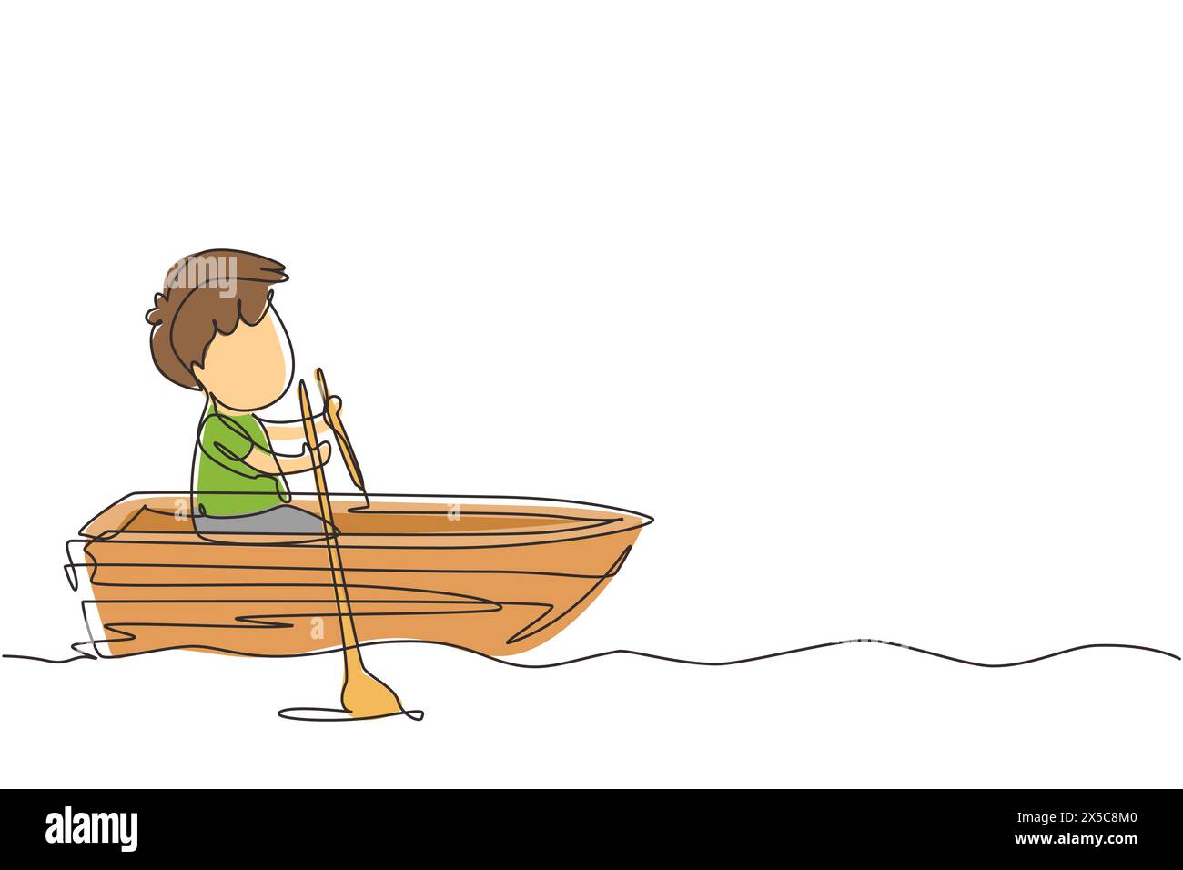 Ligne continue unique dessinant mignon petit garçon chevauchant sur le bateau à la rivière. Enfants chevauchant sur un bateau en bois. Bateau à rames pour enfants sur le lac. Les enfants heureux pagayent bo Illustration de Vecteur