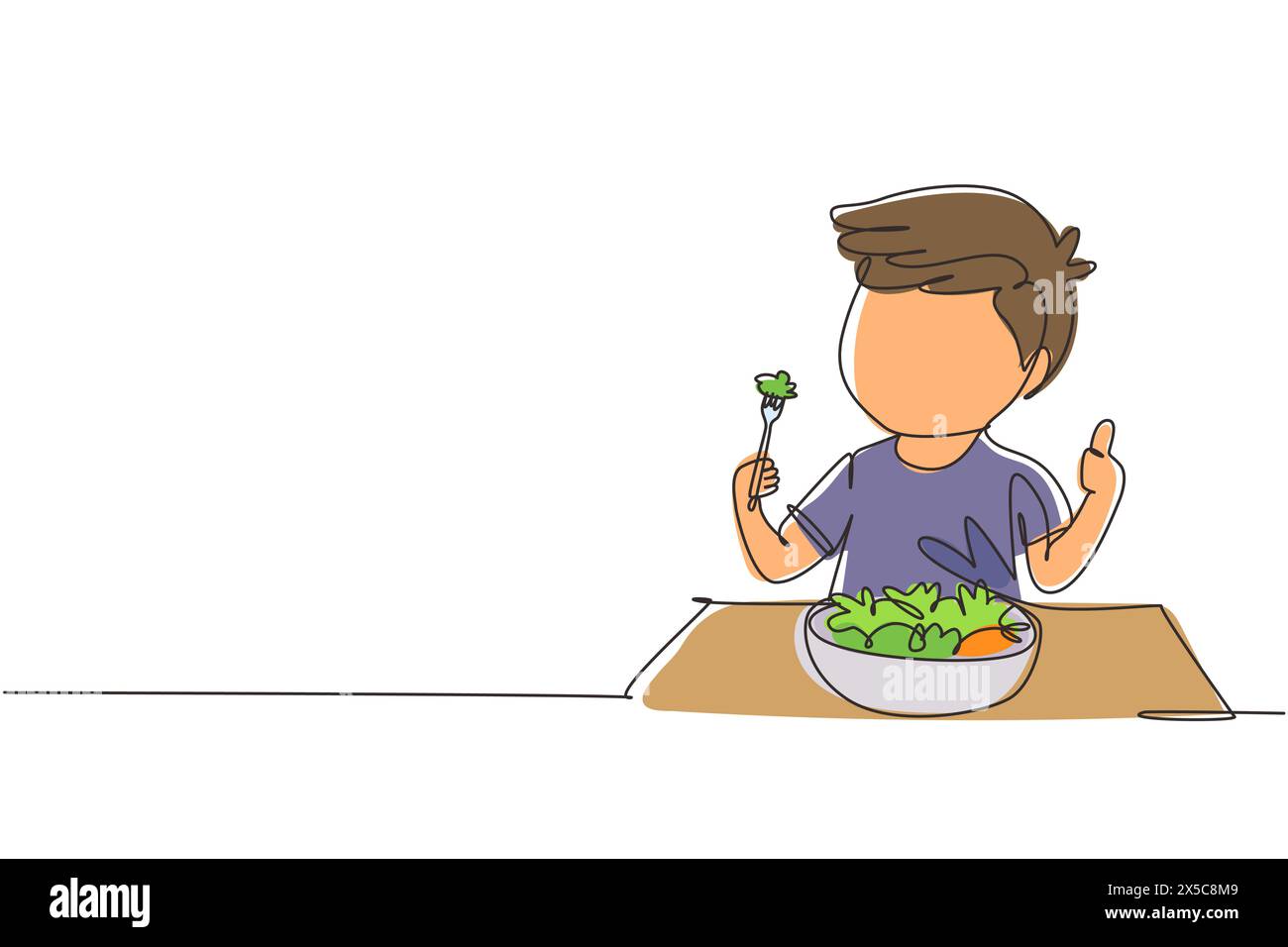 Une seule ligne dessinant petit garçon mangeant une salade de légumes frais et montrant le signe pouce vers le haut. Enfant mangeant de la salade. Nourriture saine pour les enfants. Continuou moderne Illustration de Vecteur