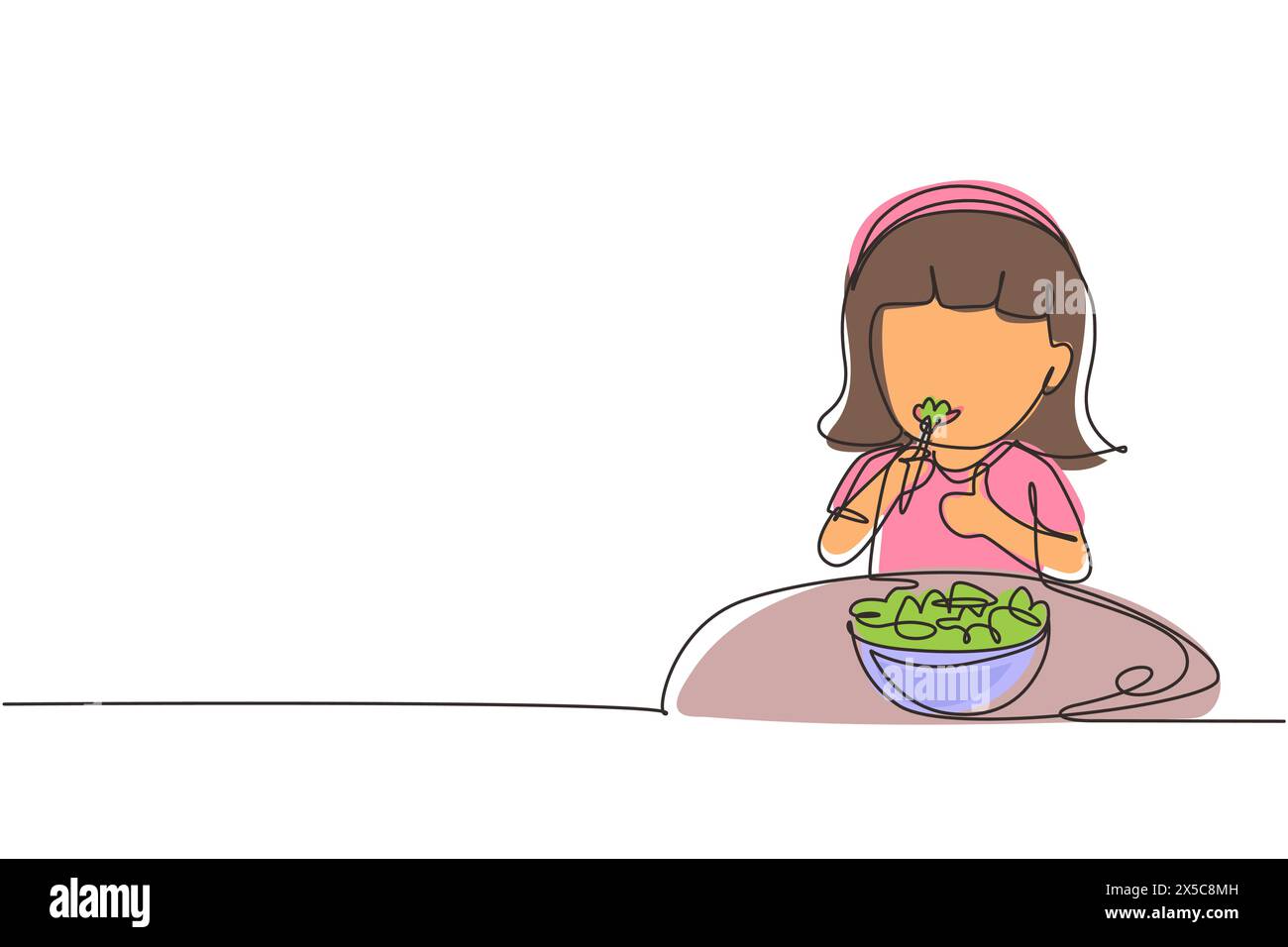 Une seule ligne dessinant la petite fille mangeant une salade de légumes frais et montrant le signe pouce vers le haut. Enfant mangeant de la salade. Nourriture saine pour les enfants. Continuo moderne Illustration de Vecteur