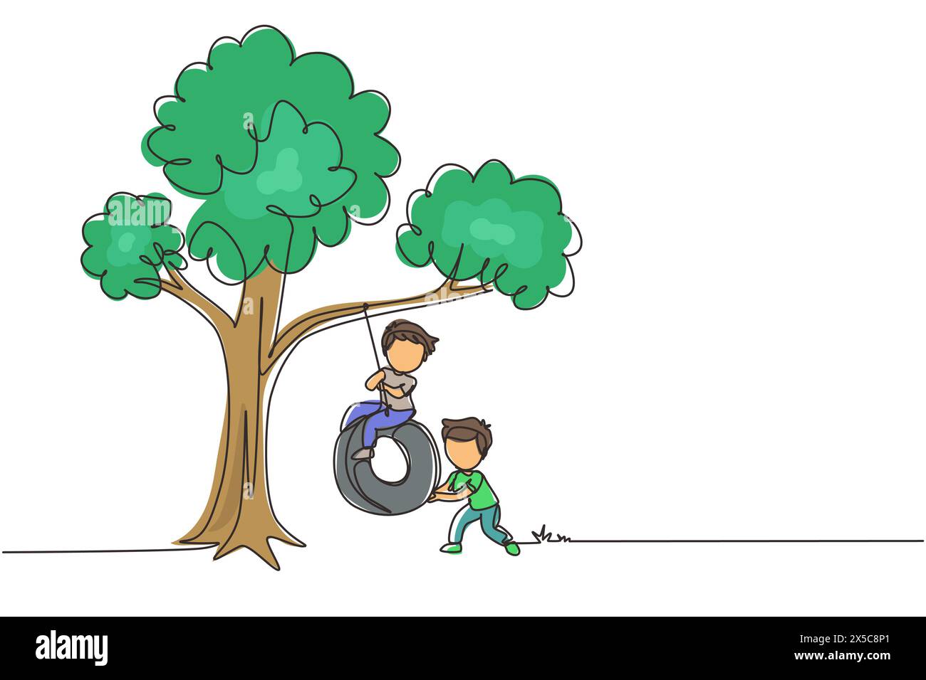 Simple ligne continue dessinant heureux deux garçons jouant au swing de pneu sous l'arbre. Enfants mignons se balançant sur un pneu suspendu à l'arbre. Enfants jouant dans le jardin. Illustration de Vecteur