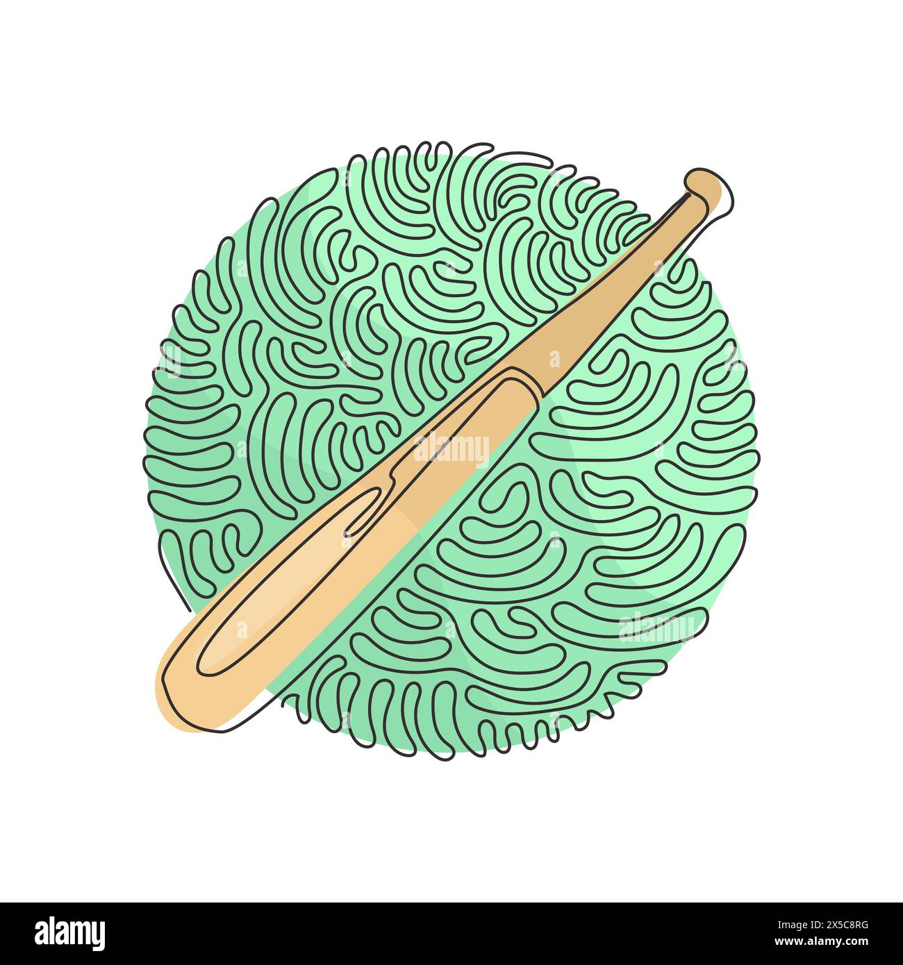 Batte de baseball en bois dessinant une ligne continue unique. EQUIPEMENT de jeu sportif américain. Batte de baseball réaliste. Style d'arrière-plan de cercle de bouclage de tourbillon. Dynamique Illustration de Vecteur