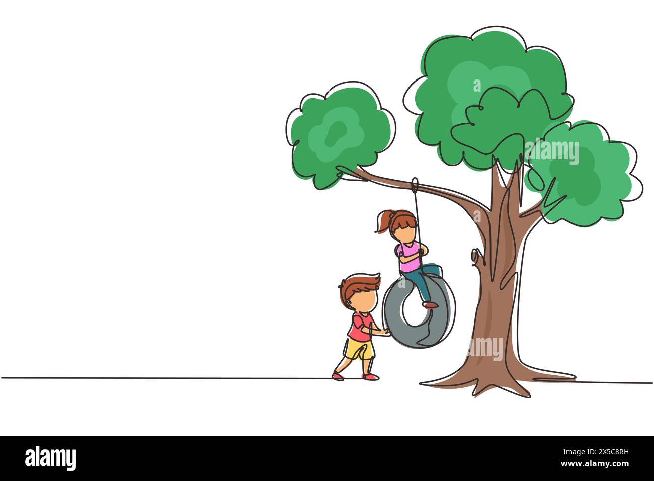 Simple une ligne dessinant des garçons et des filles heureux jouant swing de pneu sous l'arbre. Enfants se balançant sur un pneu suspendu à l'arbre. Enfants jouant dans le jardin. Conti Illustration de Vecteur