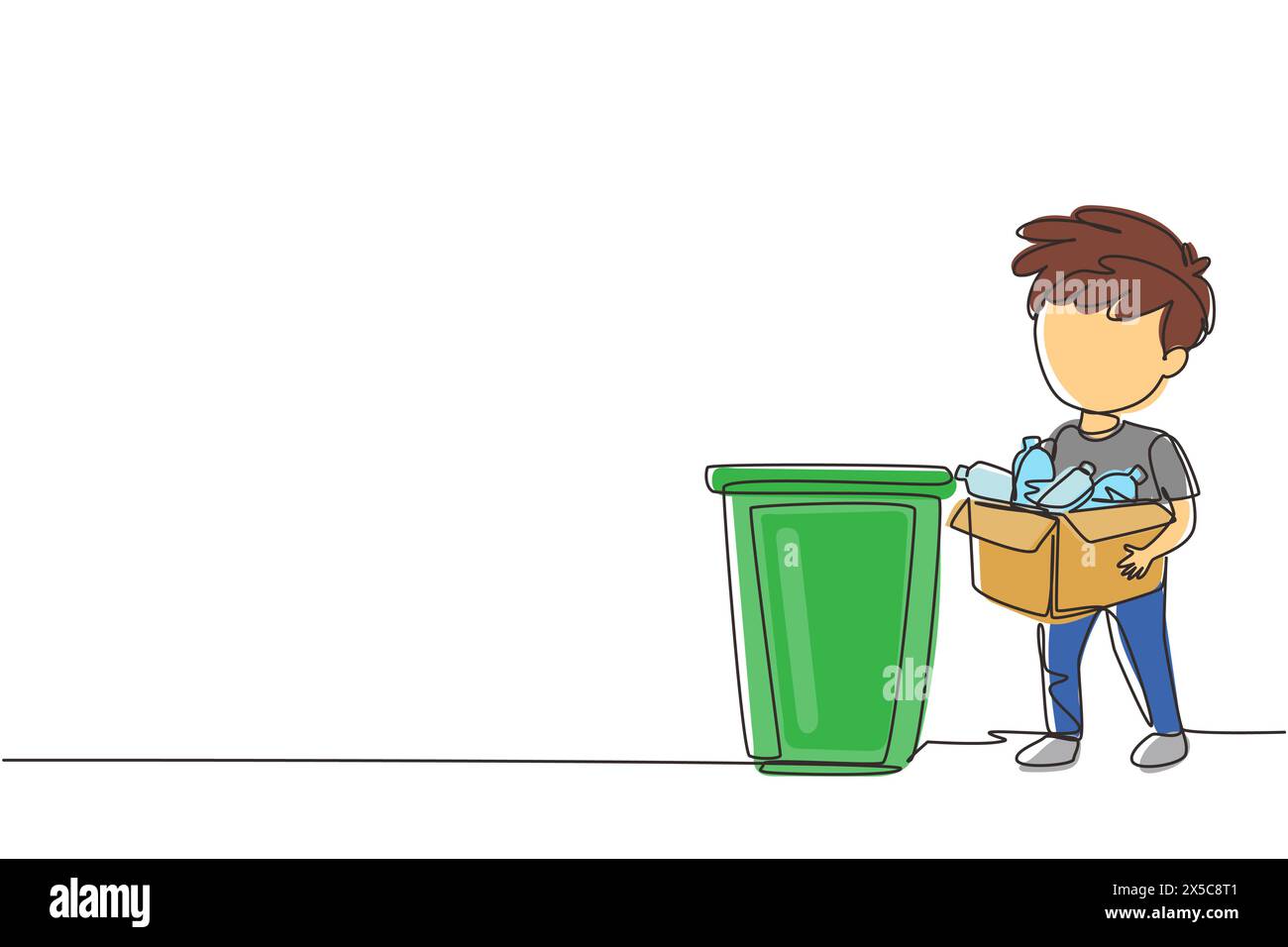 Dessin continu d'une ligne garçon ramassant les ordures et les déchets plastiques pour le recyclage. Enfant ramassant des bouteilles en plastique dans les ordures. Recyclage des déchets pour Re Illustration de Vecteur
