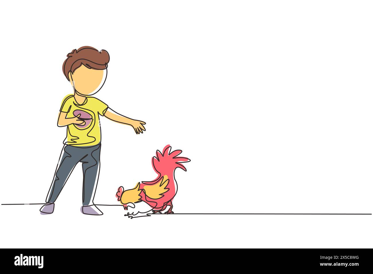 Continu une ligne dessinant petit garçon nourrissant le poulet sur la ferme de poulet. Fermier d'enfants nourrissant le coq, la poule et les petits poulets. La vie des enfants fermiers. Péché Illustration de Vecteur