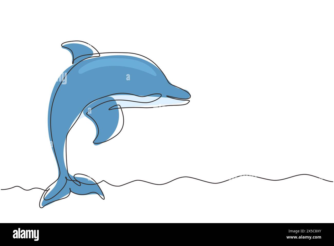 Une seule ligne dessinant de mignons dauphins. Mignons dauphins bleus, saut de dauphin et exécution de tours avec balle pour spectacle de divertissement. Moderne continu l Illustration de Vecteur