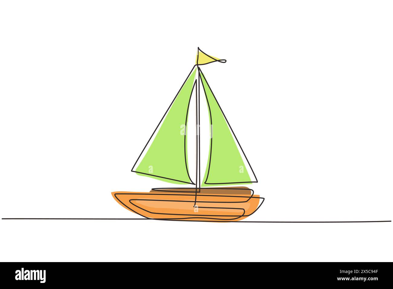 Simple dessin d'une ligne petit voilier, bateau, voilier, style plat. Icône ou symbole de bateau jouet, voilier, voilier avec des voiles blanches. Continuo Illustration de Vecteur