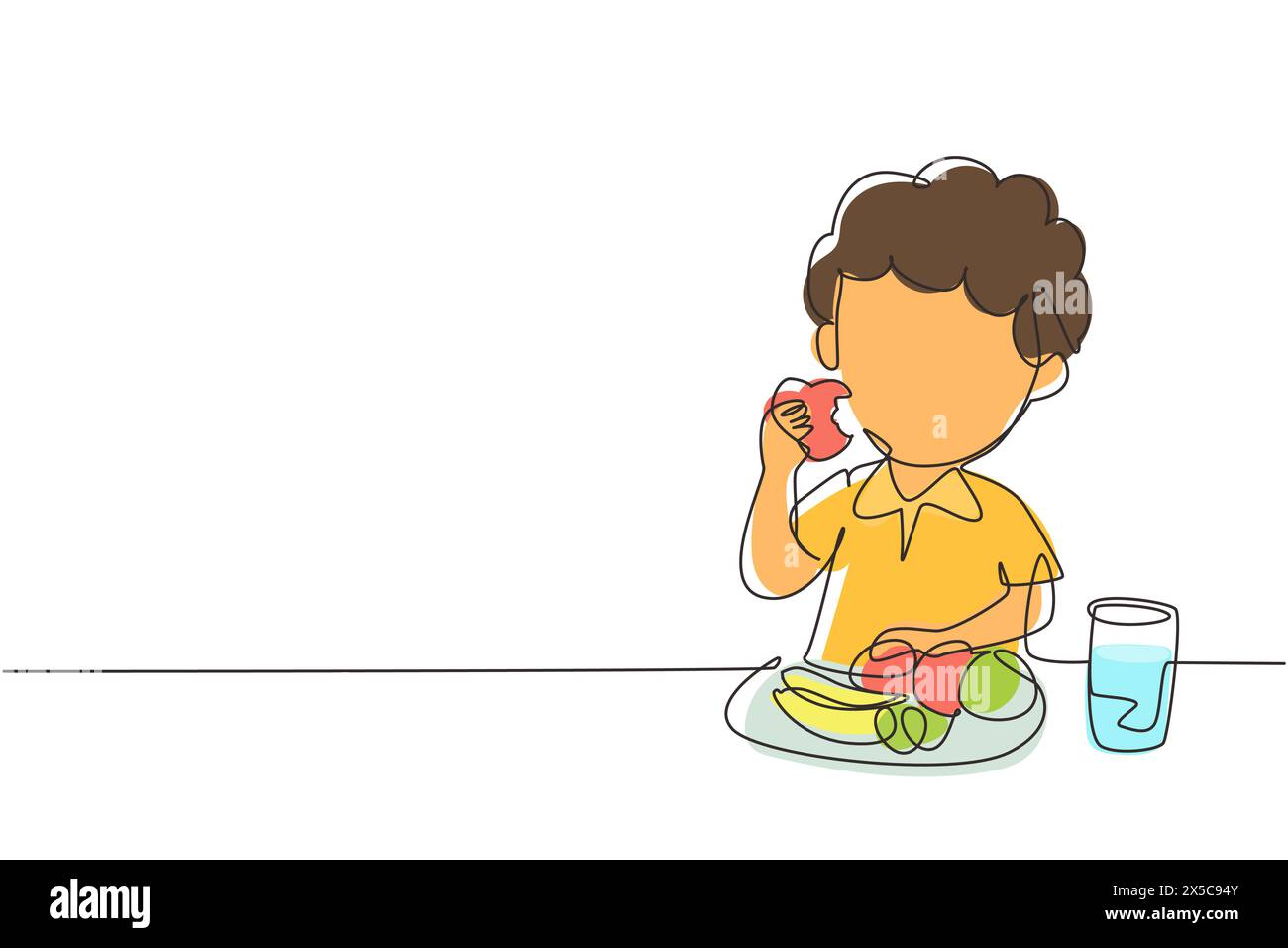 Simple une ligne dessinant garçon mangeant des fruits. Assis à table mangeant des pommes. Pastèque et banane dans un plateau placé sur la table à la maison. Nourriture saine pour les enfants. Illustration de Vecteur