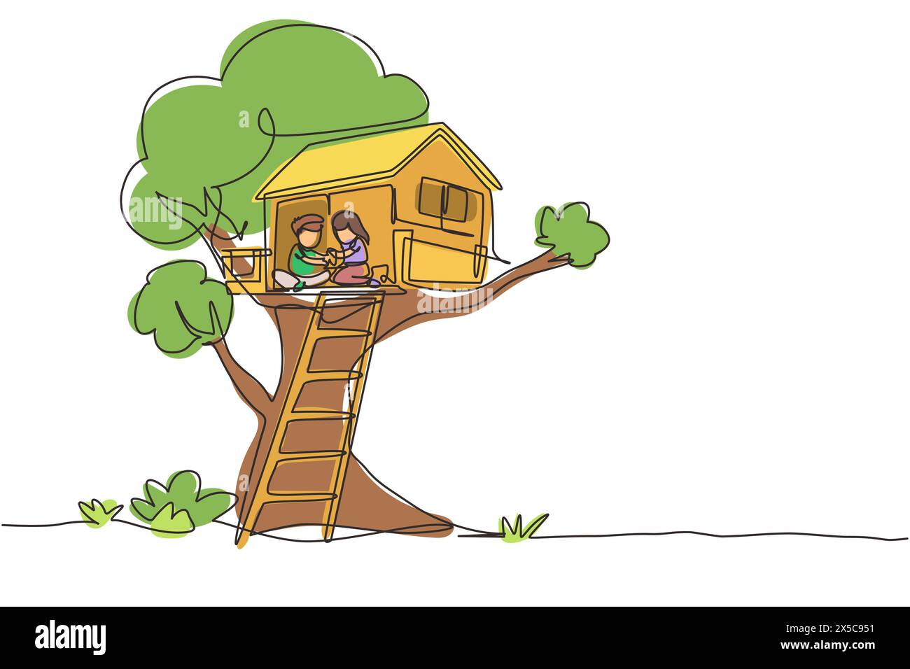 Ligne continue unique dessinant enfant sur la maison d'arbre, petit garçon et fille jouant sur l'aire de jeux d'enfants, cabane dans les arbres avec échelle en bois, place pour les enfants g Illustration de Vecteur