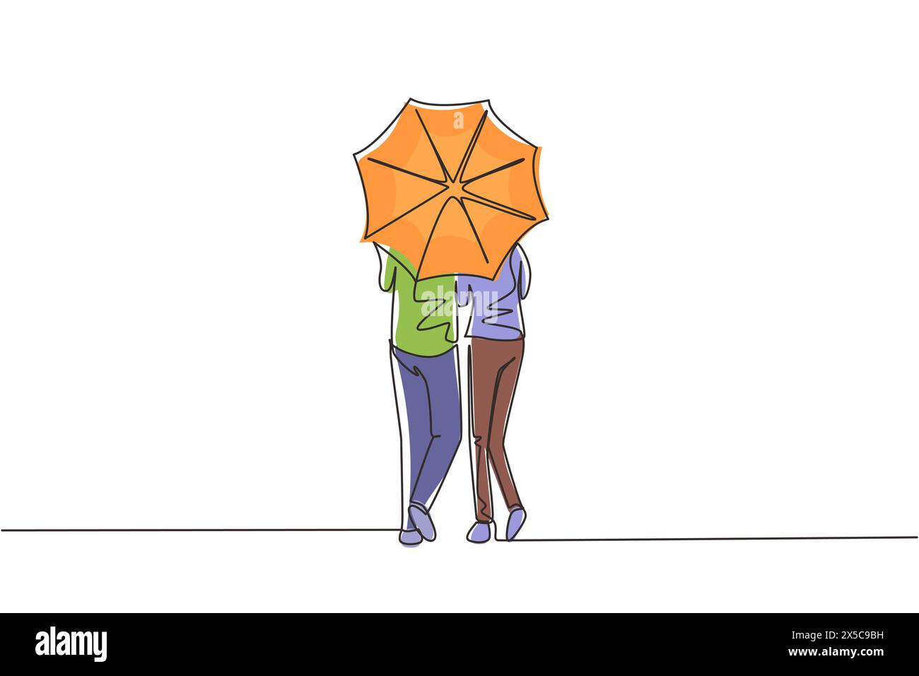 Simple dessin d'une ligne vue arrière jeune couple homme femme, fille mignonne et garçon marchant tenant parapluie sous la pluie. Couple romantique à la pluie d'automne Weath Illustration de Vecteur