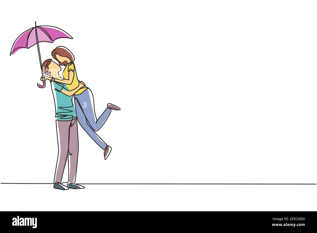 Ligne continue unique dessinant couple mignon dans l'amour sous la pluie avec parapluie. Homme et femme heureux marchant au parc et sautant. Couple marié romantique Illustration de Vecteur