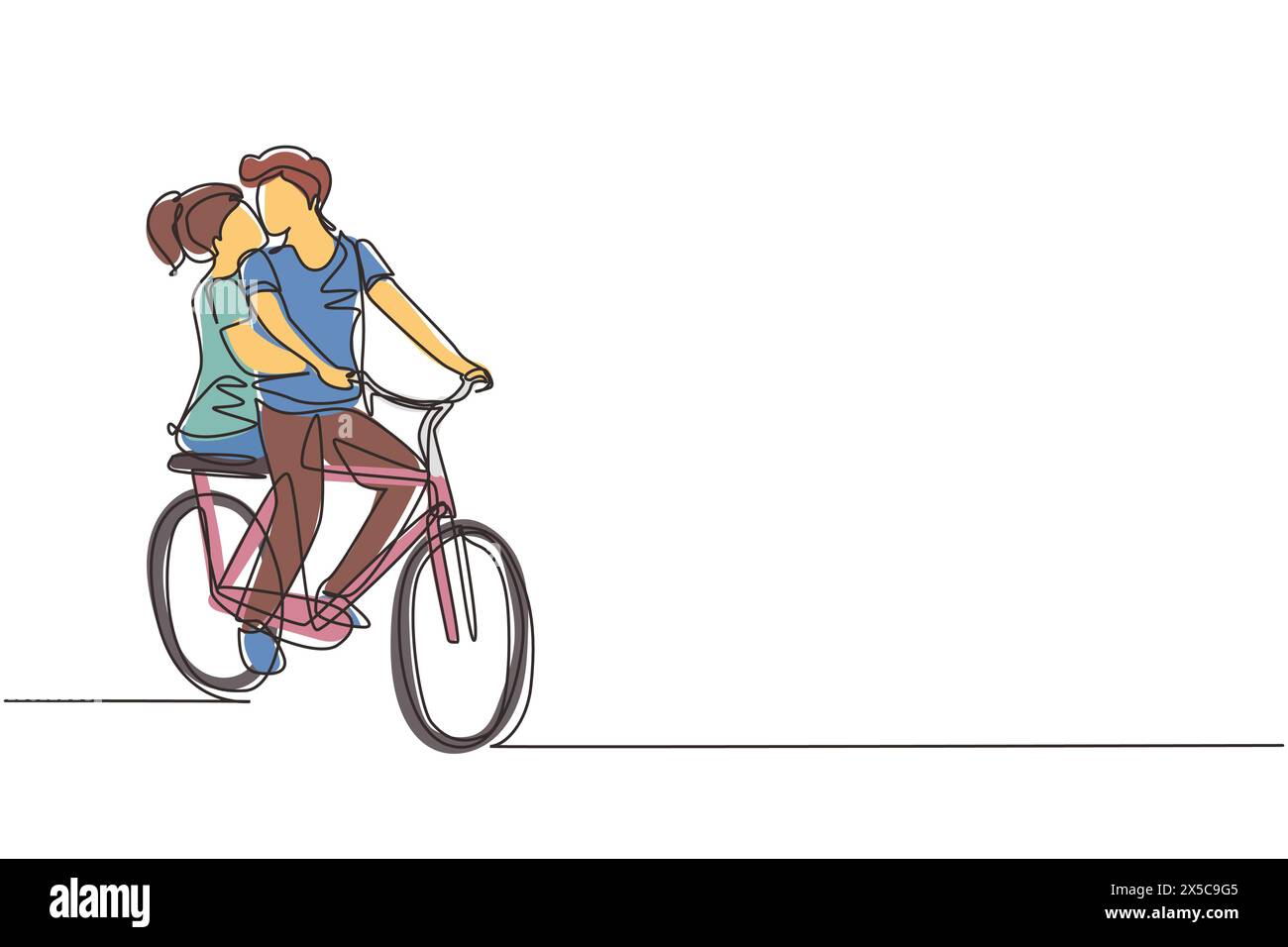 Une ligne continue dessinant un jeune couple aimant cycliste. Relations humaines romantiques, histoire d'amour, famille nouvellement mariée dans l'aventure de voyage de lune de miel, passi Illustration de Vecteur
