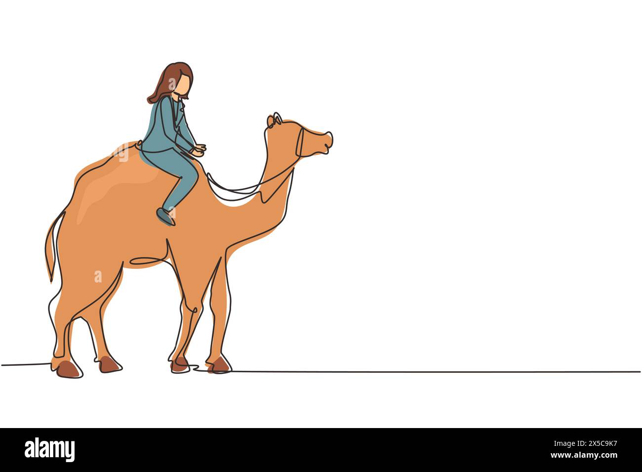 Continue d'une ligne dessinant femme d'affaires arabe à dos de chameau. Investissement, trading boursier haussier, tendance à la hausse des obligations. Woma d'affaires prospère Illustration de Vecteur