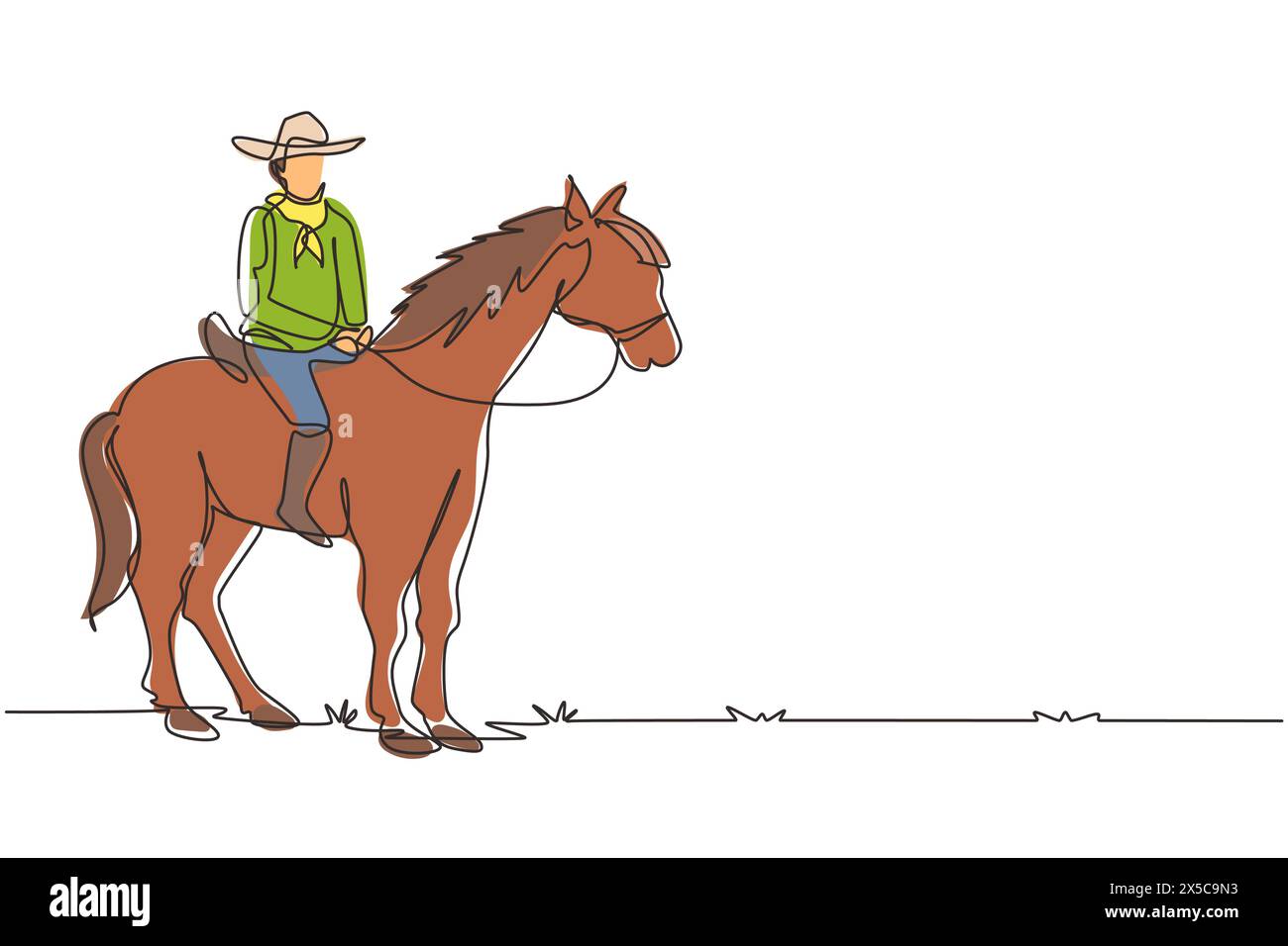 Ligne continue unique dessinant jeune homme avec chapeau de cow-boy cheval d'équitation. Les hommes seniors posent l'élégance à cheval. Cow-boy à cheval debout. Dynamique activée Illustration de Vecteur