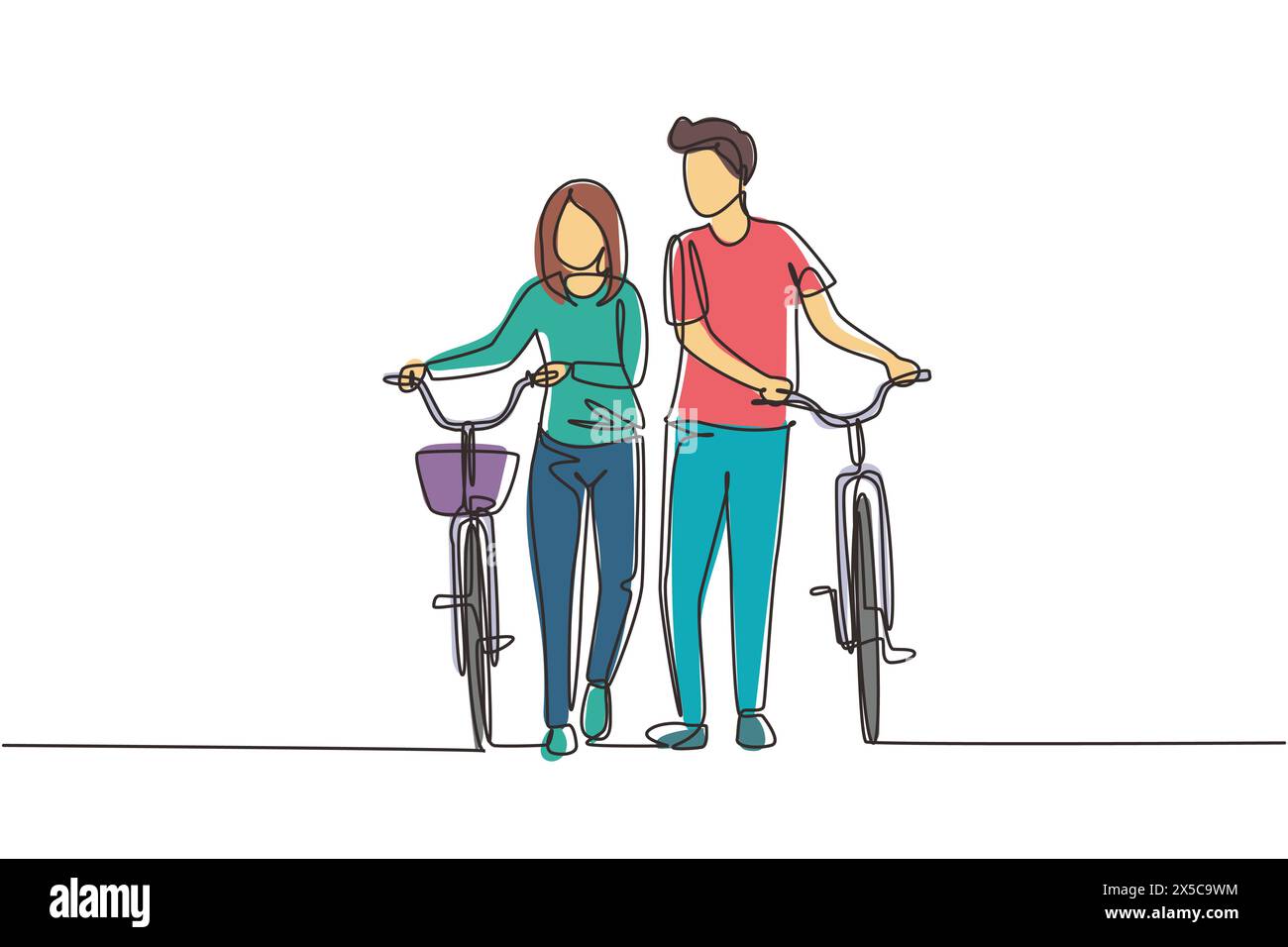 Ligne continue unique dessinant les cyclistes marchant sur la route forestière avec leurs vélos le jour d'été. Jeune homme et jeune femme amoureux. Joyeuse marrie romantique Illustration de Vecteur