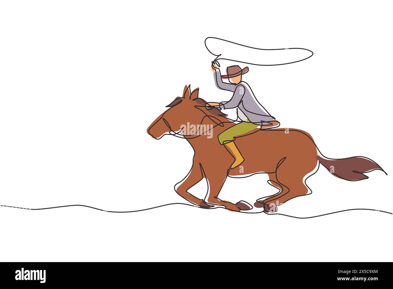 Ligne continue unique dessinant cow-boy sur cheval galopant à travers un champ poussiéreux. Cow-boy sur cheval de buck courant avec lasso. Cow-boy avec lasso de corde sur hor Illustration de Vecteur