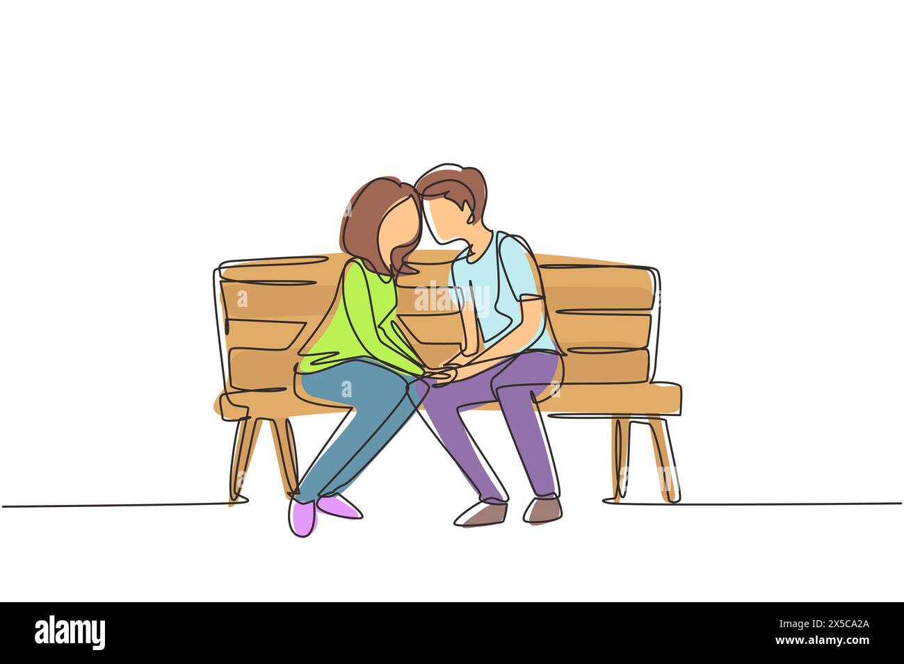Simple dessin d'une ligne couple embrassant. Jeune homme et femme face à face assis sur le banc du parc et drôle de baisers. Couple romantique datant au printemps. Mo Illustration de Vecteur