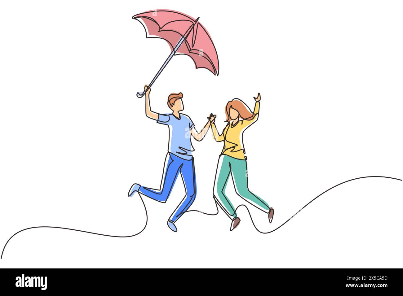 Continu une ligne dessinant couple dans l'amour marchant sous la pluie avec parapluie. Homme et femme marchant le long de la rue de la ville et sautant. Couple marié roman Illustration de Vecteur
