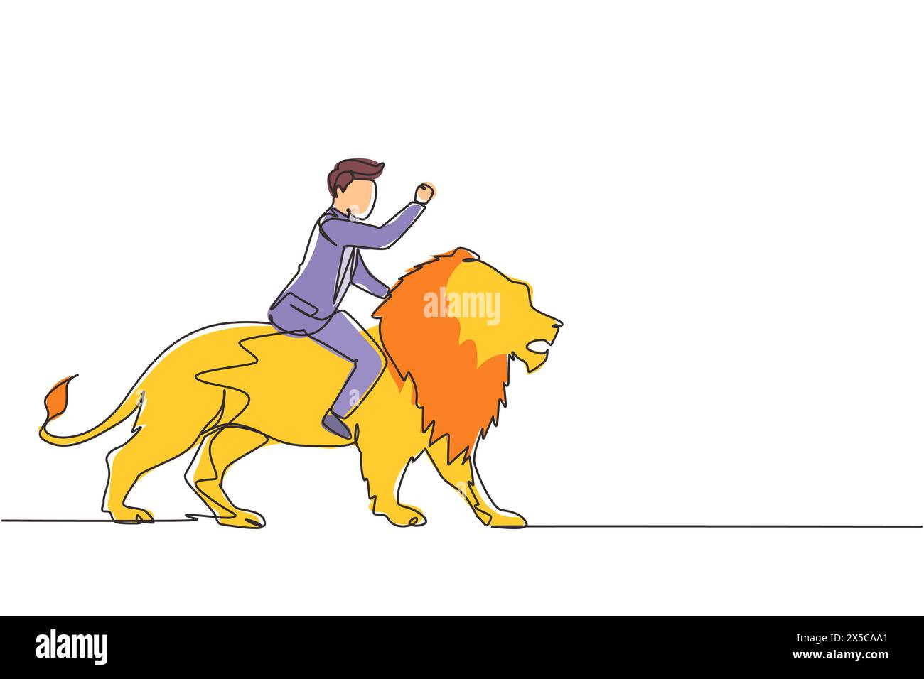 Continue d'une ligne dessinant homme d'affaires chevauchant lion symbole de succès. Concept de métaphore d'affaires, en regardant l'objectif, la réalisation, le leadership. Profession Illustration de Vecteur