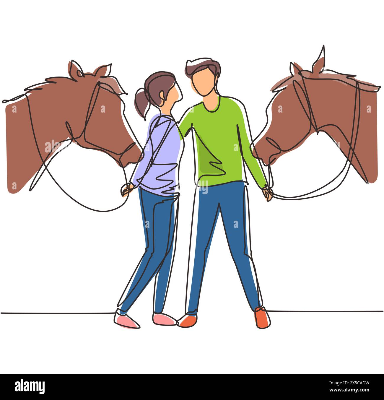 Ligne continue unique dessinant couple romantique avec des chevaux. Jeune homme et femme se rencontrent pour sortir avec cheval de cheval. Engagement et relation amoureuse. Dynamique Illustration de Vecteur