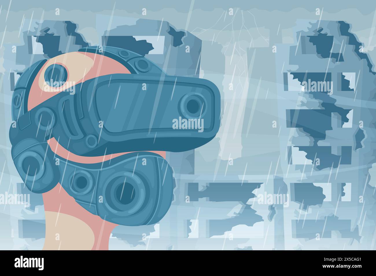 Scène déchirante d'une personne avec des lunettes AR et un masque protecteur dans une ville dévastée et une pluie polluée. Au milieu des ruines post-apocalyptiques, un air de Illustration de Vecteur