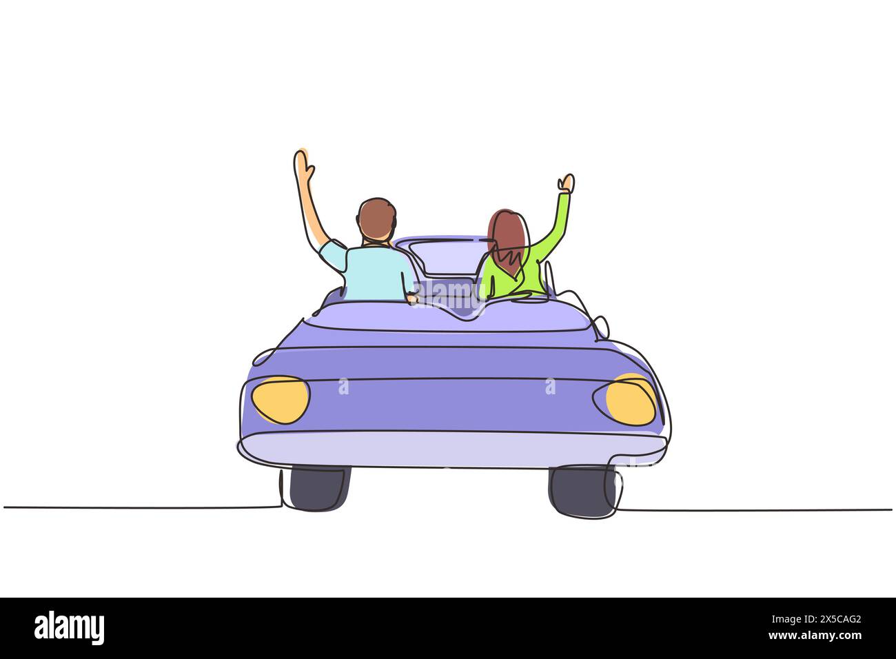 Ligne continue unique dessinant un couple libre heureux conduisant dans une voiture cabriolet dans la ville de nuit acclamant joyeux avec les bras levés. Couple vacances d'été trave Illustration de Vecteur
