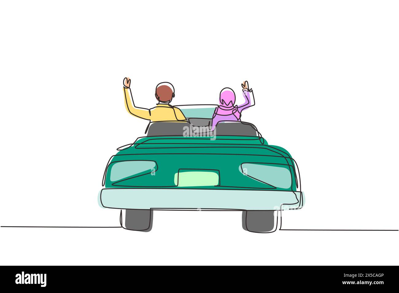 Ligne continue unique dessin vue arrière arabe heureux couple libre conduisant en voiture cabriolet dans la ville acclamant joyeux avec les bras levés. Couple été va Illustration de Vecteur