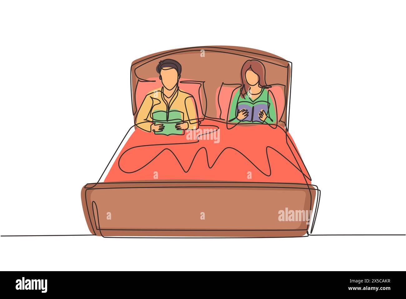Simple une ligne dessinant couple marié avant d'aller au lit, lire des livres. Homme et femme couchés sur le lit ensemble et lisant le livre. Couple romantique au repos Illustration de Vecteur