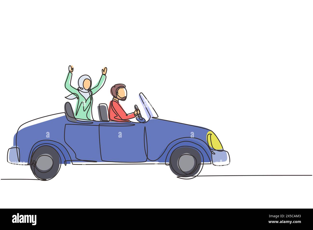 Une ligne continue dessinant le marié d'un couple arabe nouvellement marié dans un véhicule. Heureux homme et femme chevauchant la voiture de mariage. Couple marié relation romantique Illustration de Vecteur
