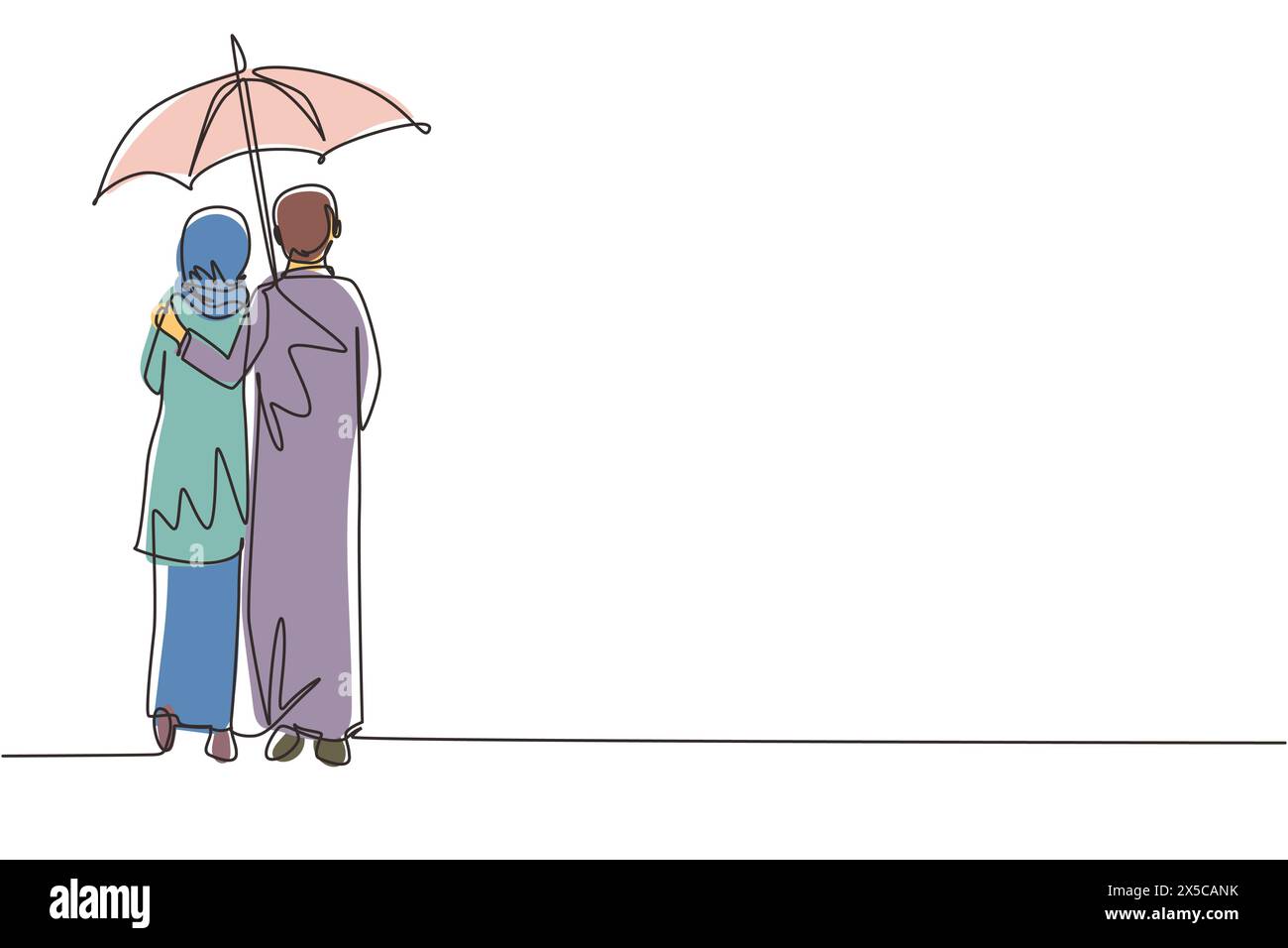 Continu d'une ligne dessinant les amoureux de vue arrière couple sous la pluie. Couple arabe amoureux marchant sous la pluie avec parapluie. Homme et femme marchent le long de c Illustration de Vecteur